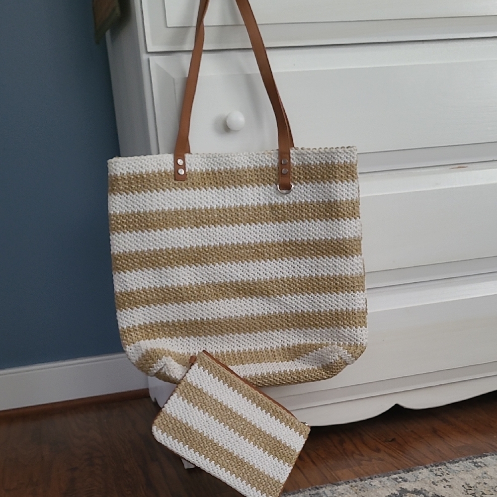 Thirty-One Tan and White Striped Tote Bag with Pouch